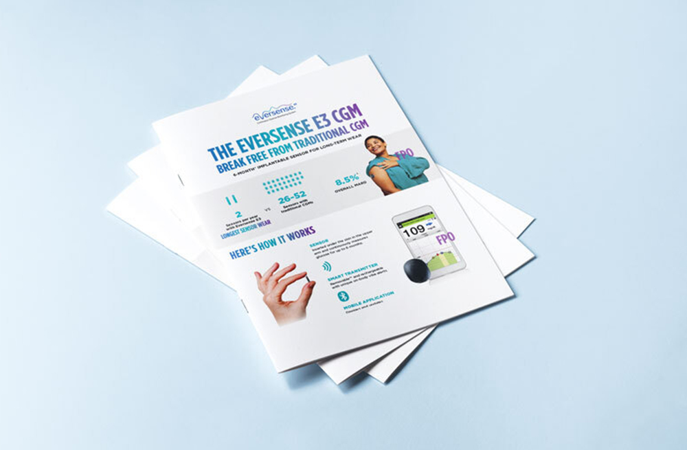 Brochure with information on the Eversense E3 CGM sensor.